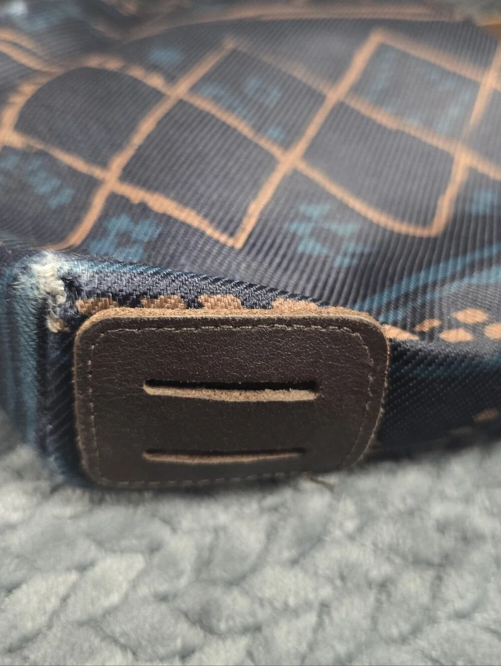 The North Face Navy Patterned Crossbody with Tan Strap